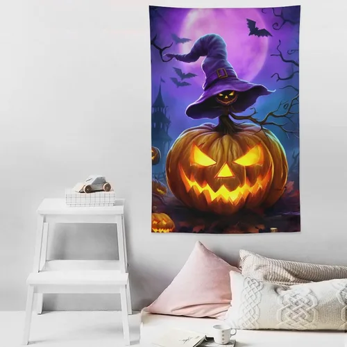 Miniatura 8 de josnmre Tapiz morado con diseño de murciélago y fantasía, fantasma, para colgar en la pared, divertido tapiz de pared de calabaza para dormitorio