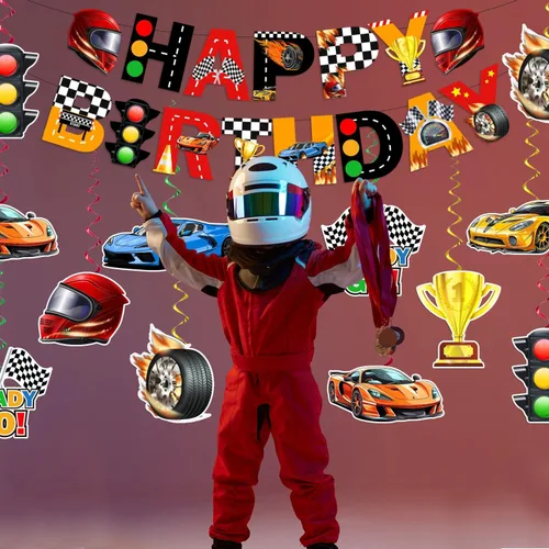 Miniatura 3 de KORHONEN Decoraciones de fiesta de cumpleaños con temática de auto de carreras para niños y adultos, incluye pancarta de feliz cumpleaños