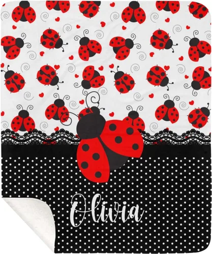Miniatura 7 de Manta de forro polar con monograma y diseño de lunares negros con nombre para niñas que duermen con diseño de mariquita, 50 x 60 pulgadas, regalo