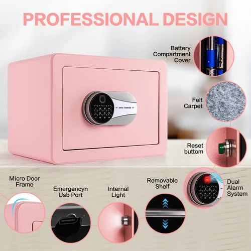 Miniatura 8 de Caja de seguridad biométrica de 0.6 pies cúbicos, caja de seguridad con huella dactilar con bolsa ignífuga, estante removible, sistema de alarma
