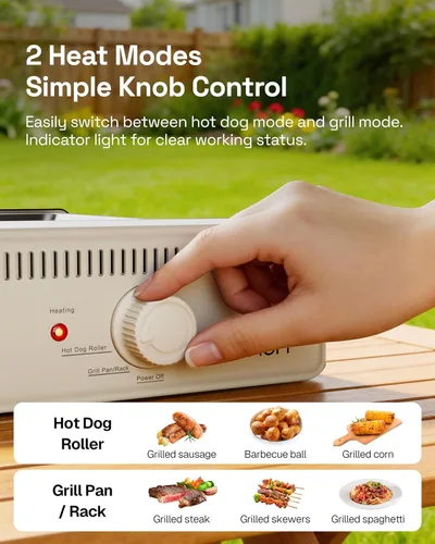 Miniatura 5 de HBN máquina de parrilla rodante para hot dogs 3 en 1 con placa antiadherente y parrilla, parrilla eléctrica compacta de 800W para salchichas