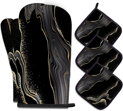 Miniatura 24 de MCALK Juego de 5 piezas de manoplas de horno geométricas grises y agarraderas, guantes de horno grises y almohadillas térmicas para cocinar