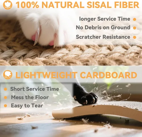 Miniatura 6 de Tablero rascador para gatos con sisal natural, juguete interactivo para gatos con bola de resorte, almohadilla rascador duradera para gatos