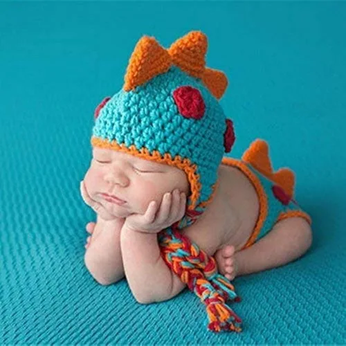 A-cool Traje de dinosaurio de ganchillo para bebé niño, accesorios de fotografía para recién nacidos, accesorios de fotografía hechos a mano,
