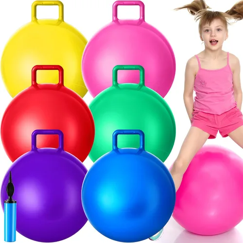 Miniatura 9 de Lewtemi 6 unidades de bola de tolva para carnaval al aire libre, pelota inflable de salto de 32 pulgadas con mango y bomba de aire para ejercicio