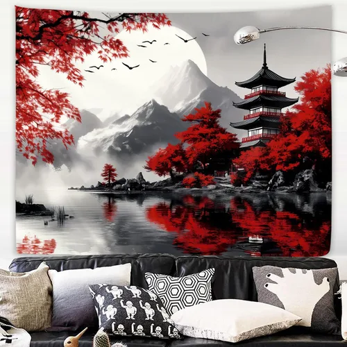 Yookeb Tapiz Japonés de Montaña en Negro y Rojo 51 x 51 Pulgadas para Colgar en la Pared, Decoración de Anime de Asia, Paisaje de Bosque,