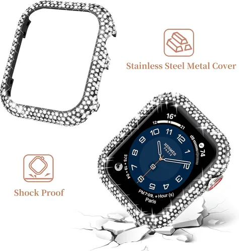 Miniatura 4 de Mosonio Compatible con correas brillantes para Apple Watch de 40/44/41/45/42/1.811 in con caja de metal brillante, bandas de diamantes de lujo