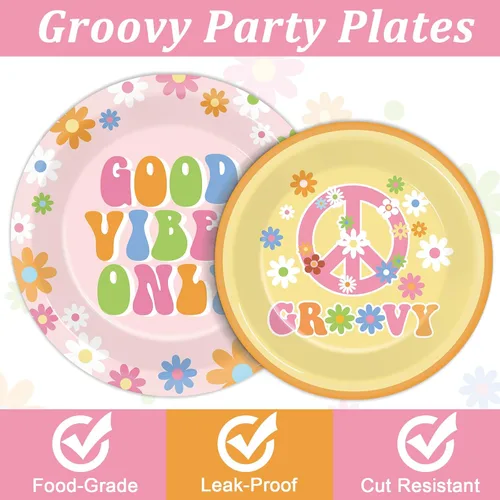 Miniatura 4 de ZOIIWA 96 piezas Suministros de fiesta Groovy para 24 invitados Juego de vajilla Boho Set de decoraciones de fiesta Boho Hippie Margarita