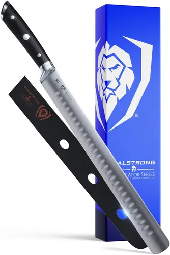 DALSTRONG cuchillo de trinchar rebanador con filo Granton de 12 pulgadas, serie Gladiator, acero HC alemán sin funda Mango negro G10.