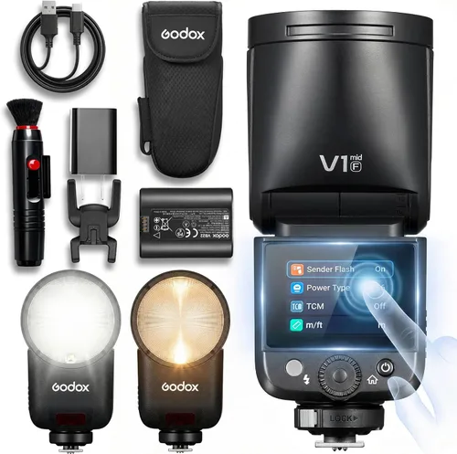 Miniatura 13 de Godox V1 MID C Flash para Canon, pantalla táctil Speedlite de cabeza redonda de 55 W, actualización de 0.945 in, 650+Full Power Pops, reciclaje