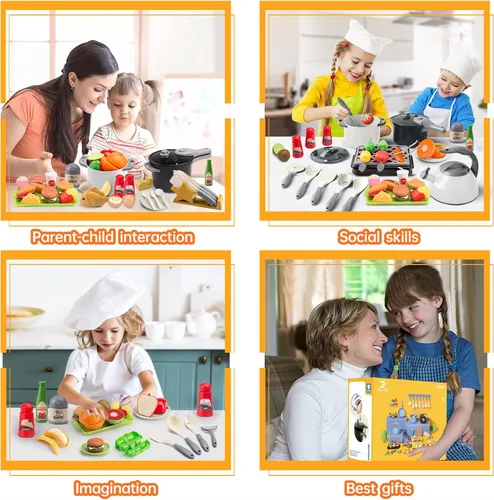 Miniatura 8 de 105 piezas de accesorios de juguete de cocina para niños, juego de cocina de camping y barbacoa para niños pequeños, juego de ollas, sartenes, Blanco