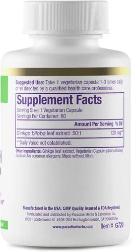 Miniatura 2 de Paradise Herbs Extracto de Ginkgo Biloba, vegano, sin OMG, sin gluten, 60 cápsulas vegetarianas