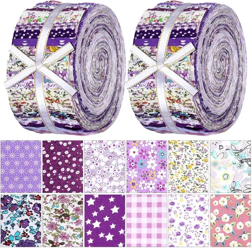 Miniatura 10 de Ganeen 100 piezas de rollo de tela para acolchado floral rosa y morado, cuadrados de tela de 2.56 pulgadas, tiras de tela de jalea precortadas