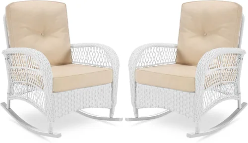 Miniatura 33 de VIVIJASON Mecedora de mimbre para exteriores, silla mecedora de ratán para patio con cojines y marco de acero, muebles de mimbre mecedores