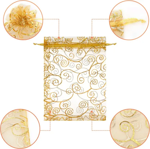 Miniatura 4 de Bolsas de regalo de organza Staruby 100 unidades, bolsas de organza transparente dorada de 5 x 7 pulgadas, bolsas de favores con cordón, bolsas