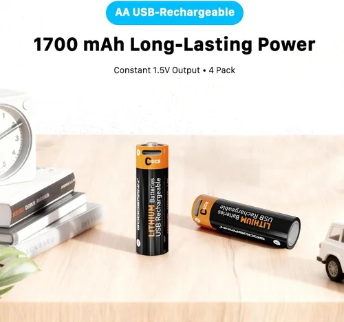 Miniatura 4 de GOODSMANN Paquete de 4 baterías recargables AA de iones de litio con cargador USB-C de 4 ranuras, salida de 1.5 V, 1700 mAh hasta 1000 ciclos