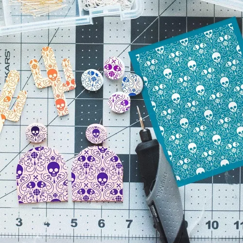 Miniatura 3 de OLYCRAFT Plantillas de arcilla de calavera de 4 x 5 pulgadas, plantilla de pantalla de seda no adhesiva, esqueleto, huesos de calavera, pantalla