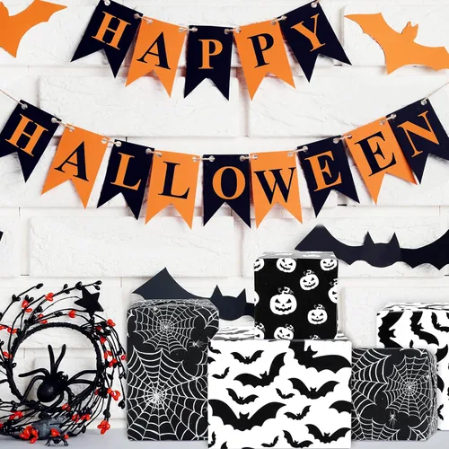 Miniatura 6 de Whaline Papel de seda de Halloween de calabaza en blanco y negro, 13.8 x 19.7 pulgadas, papel decorativo de regalo para Halloween, truco y trato
