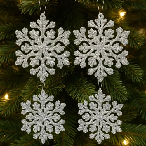 Miniatura 5 de Adornos de Navidad Plateados – 32 Piezas de Decoraciones Plásticas Irrompibles para Árbol Navideño, 16 Bolas de Nieve con Purpurina (3.15"/2.36"), 8