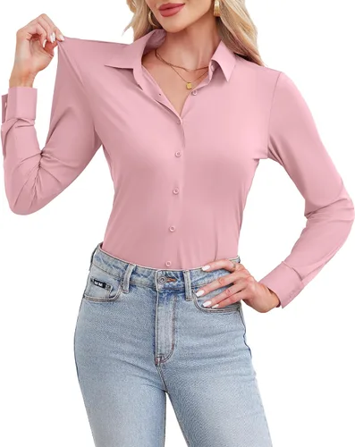Miniatura 13 de siliteelon Camisa de manga larga con botones para mujer, estilo casual, para el trabajo, con elástico en 4 direcciones, sin arrugas