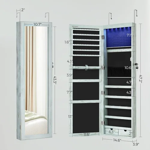 Miniatura 32 de Songmics - UJJC93W - Armario para joyas que se puede cerrar con llave, de montaje en pared o puerta, con espejo de 6 luces LED, para organización