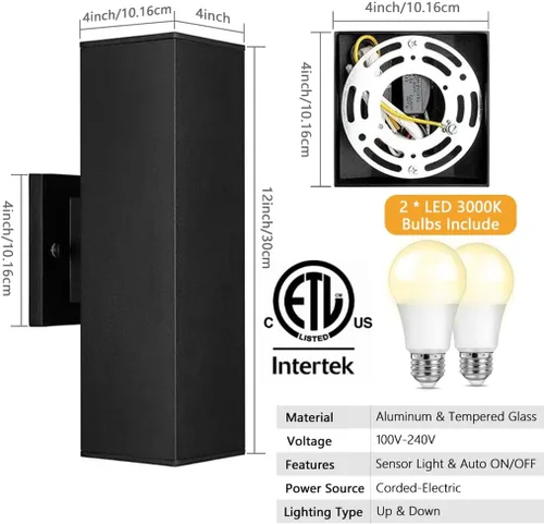 Miniatura 3 de SHIMR Luces de pared para exteriores modernas al atardecer al amanecer, aplique exterior cuadrado negro mate con bombillas incluidas, iluminación