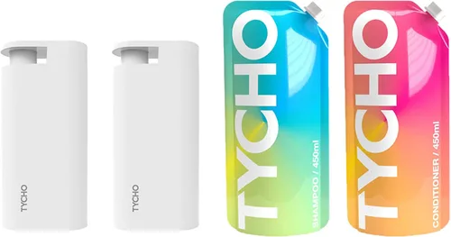 TYCHO Dispensadores de ducha y champú hidratante y acondicionador hidratante (2+2) – No necesita herramientas para champú y acondicionador | Champú