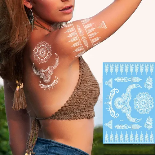 Miniatura 4 de Tatuajes de henna, tatuajes temporales de henna, calcomanías de tatuaje impermeables blancas para mujeres, bodas, fiestas, festivales y proveedores