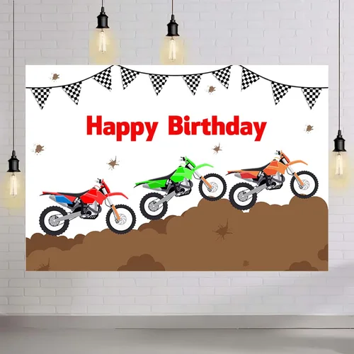 Miniatura 4 de AIBIIN Telón de fondo de cumpleaños de motocicleta de 7 x 5 pies para niños, carreras de moto, banderas de fiesta de cumpleaños, decoración