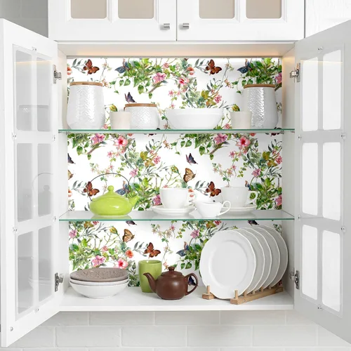 Miniatura 6 de Blooming Wall DPYA24 - Papel tapiz removible con diseño de arbustos de flores silvestres de primavera con mariposa alrededor de despegar y pegar