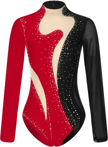 Miniatura 18 de iiniim Leotardo de malla para mujer, con diamantes de imitación, de malla, de manga larga, leotardos de gimnasia