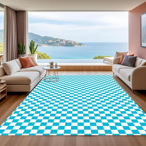 Miniatura 19 de Alfombra ondulada azul única con diseño de cuadros para sala de estar, extra grande, lavable a máquina, alfombra de pasillo de cocina, alfombra
