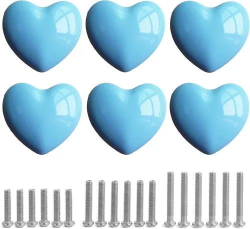 Miniatura 23 de Pomos de cerámica para cajones en forma de corazón, tiradores de armario con tornillos de 3 tamaños, pomos para muebles de cocina para armario, Rosa