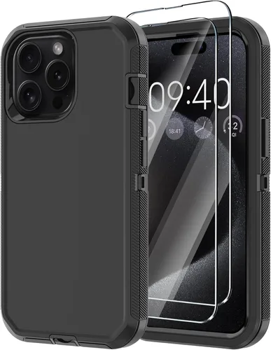 Funda para iPhone 15 Pro Max con 2 protectores de pantalla, protección contra caídas a prueba de golpes, cuerpo completo, resistente, 3 capas, Negro