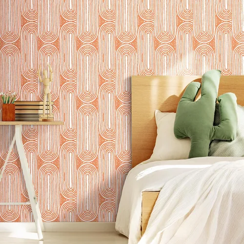 Miniatura 4 de Livelynine Papel tapiz despegar y pegar de 17.5 x 276 pulgadas, naranja funky y blanco, bohemio chic, geométrico, moderno de mediados de siglo