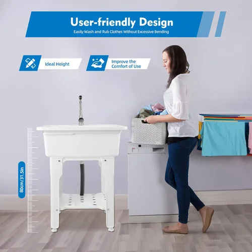 Miniatura 2 de Fregadero de lavandería de plástico independiente blanco con tabla de lavadero, fregadero de utilidad para interiores y exteriores con grifo de agua