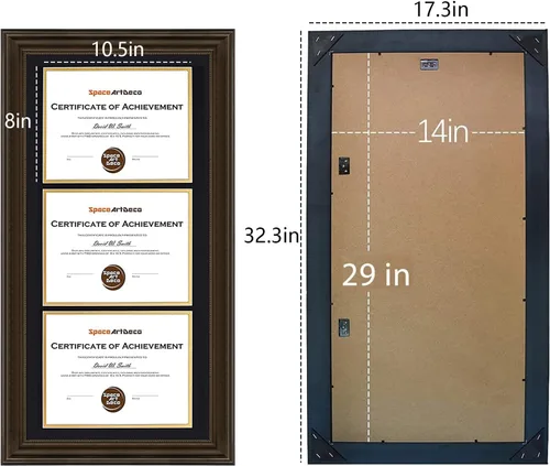 Miniatura 5 de Marco de tres certificados de 14 x 29 pulgadas con paspartú doble negro sobre dorado para (3) diplomas/grados de 8.5 x 11 pulgadas, ganchos