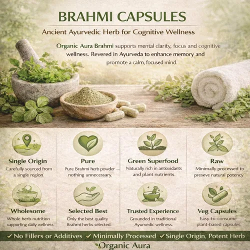 Miniatura 6 de Organic Aura Cápsulas Brahmi -120 unidades. Fortalece y aumenta naturalmente la inmunidad y la memoria. Superalimento verde entero. Sin OMG, sin