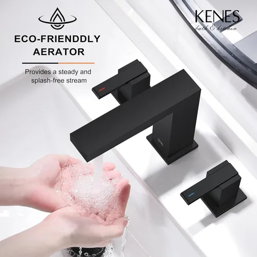 Miniatura 4 de KENES Grifo de Baño Extendido Negro Mate de Dos Manijas, Grifos de Lavabo de Baño Negro de 3 Orificios, 8 Pulgadas, Grifo de Tocador de Baño de 3