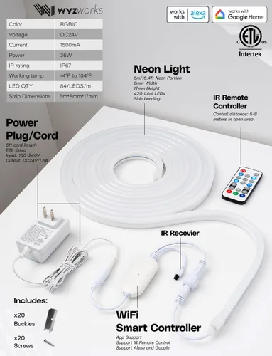 Miniatura 6 de Tira de luz LED de neón RGB de 16.4 pies que cambia de color, aplicación + control remoto, iluminación de diseño impermeable personalizable