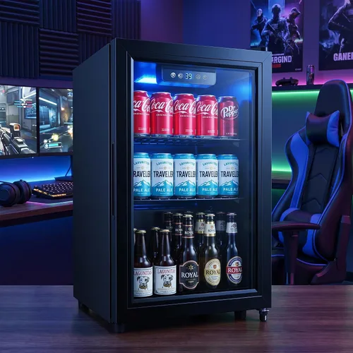 Miniatura 2 de Refrigerador de bebidas de 1.7 pies cúbicos, mini refrigerador de 68 latas con puerta de vidrio, control digital de temperatura, estantes