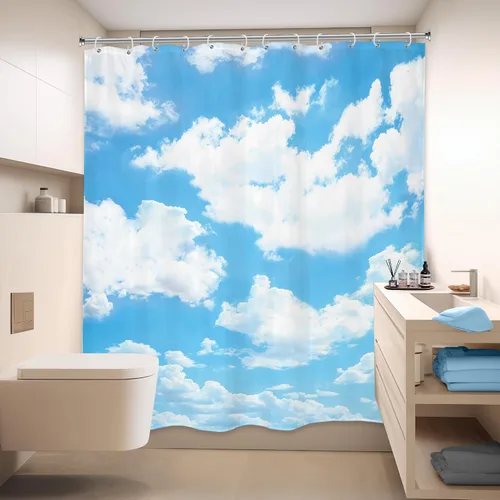 Miniatura 4 de Cortina de ducha con fondo de cielo azul, 72 x 72 pulgadas, paisaje natural, tela impermeable, poliéster, decoración de bañera, paquete de 12