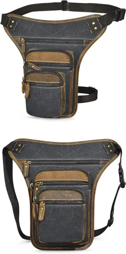 Miniatura 2 de Handadsume Riñonera de lona resistente al agua + cuero para motocicleta, riñonera, bolsa de pierna para muslo, para hombres y mujeres, FB913-5