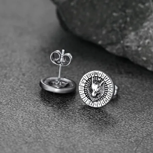 Miniatura 9 de FaithHeart Aretes de tuerca vikingos nórdicos para hombres y mujeres, de acero inoxidable, con diseño de valknutbrújulanudo celtacabeza de lobo
