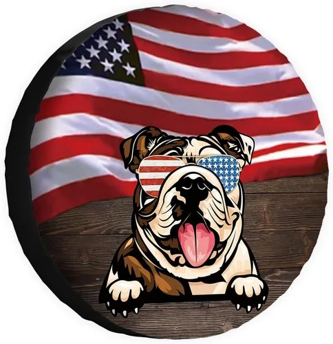 Miniatura 13 de Cubierta de neumático de repuesto para perro salchicha con gafas de sol con bandera de Estados Unidos, fundas protectoras de ruedas a prueba