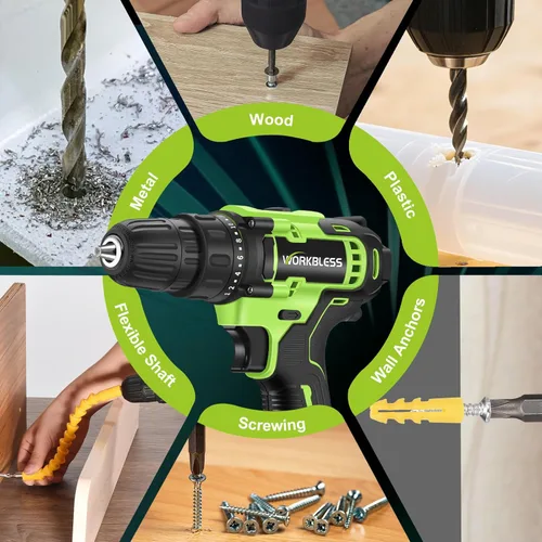 Miniatura 8 de WORKBLESS Juego de Taladro Eléctrico de 21V, Taladro Inalámbrico con Batería y Cargador, Portabrocas sin Llave de 3/8'', Velocidad Variable