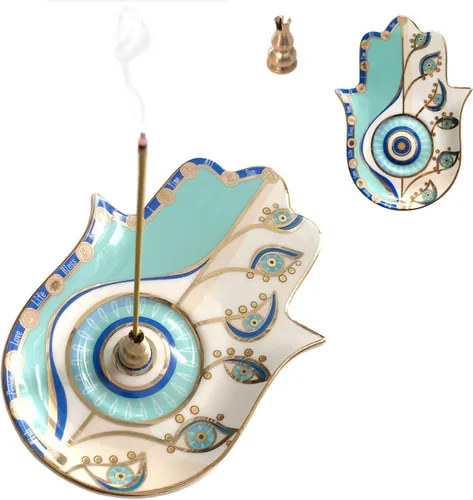 Miniatura 9 de Soporte de incienso de mano Hamsa de cerámica – Soporte de incienso de latón 2 en 1 para palos y bobinas de incienso – Decoración Zen con diseño