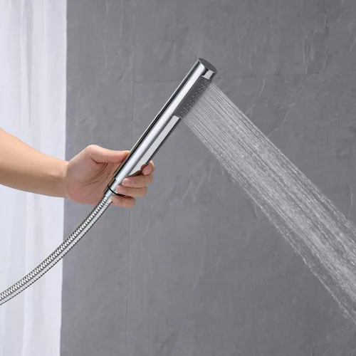 Miniatura 6 de Wowkk Grifo de bañera independiente Llenador de bañera Cromo Montaje en el suelo Latón de una sola manija Grifos de baño con ducha de mano Cromado