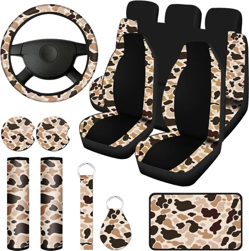 Frienda Juego completo de 13 fundas de asiento de automóvil con estampado de camuflaje para mujeres y hombres, accesorios de automóvil de goma, para