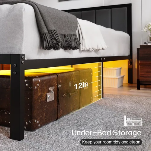 Miniatura 6 de OLEVS Marco de cama Queen con cabecero, cama de plataforma de metal tamaño Queen con estación de carga USB y luces LED, no necesita somier